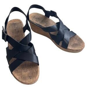 Korks Black Criss Cross Cork Wedge Sandals | Women’s 11